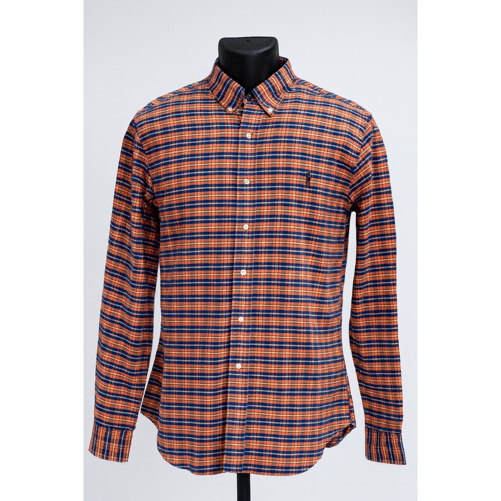 Ralph Lauren Mens L/G Plaid Button Down Long Sleeve Shirt Orange Blue‎ Classic
